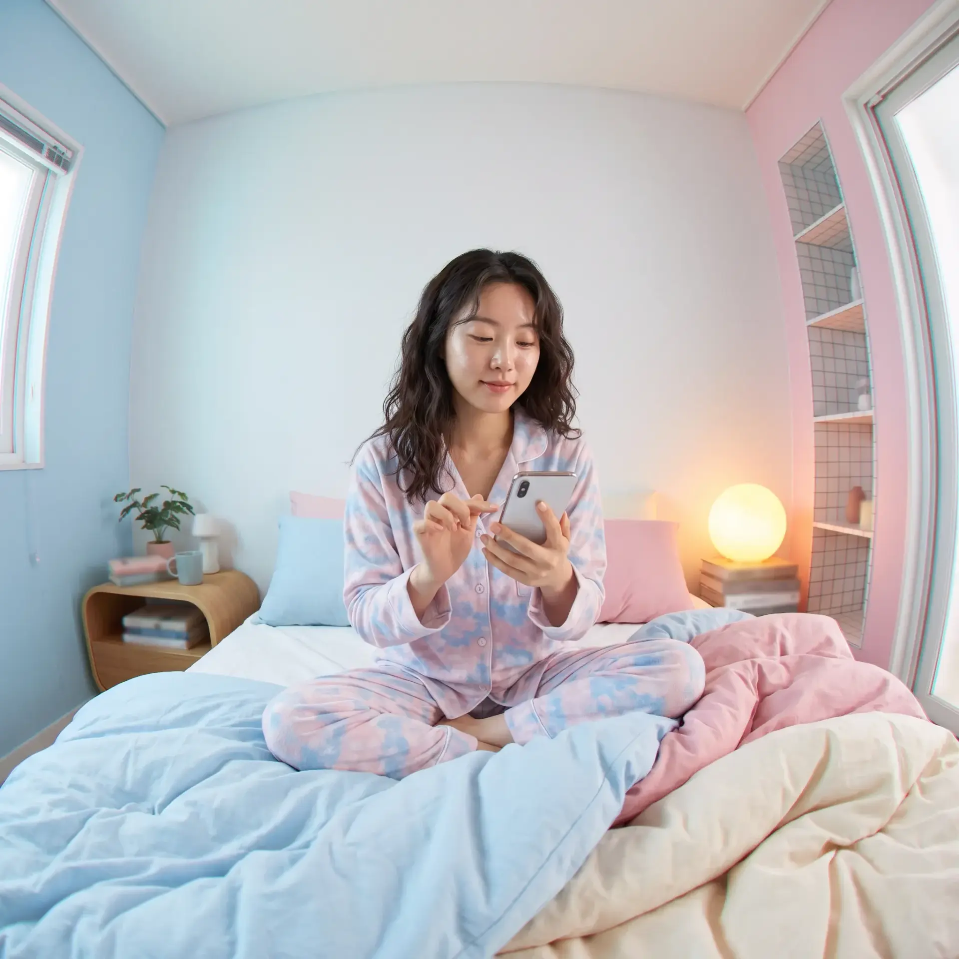 Woman in pastel pyjamas taking the Feme hormone quiz on her phone in bed